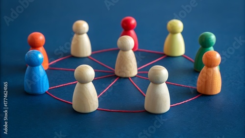 Connected Circle – Front View Conceptual Symbolism, Multicolored Figurines Linked by Red String in Circular Network, Community and Collaboration Metaphor, Dark Blue Background