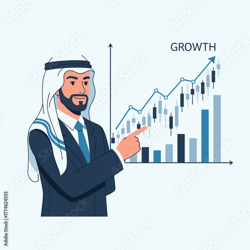 Arab businessman presenting growth chart analysis.
