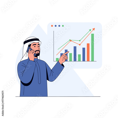 Arab businessman analyzing financial growth chart on phone.