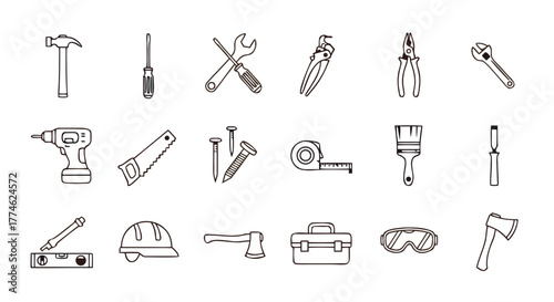 Handyman tools vector set: construction, repair, carpentry, diy, home improvement, and workshop equipment