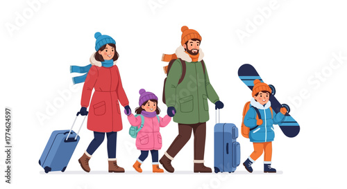 Happy family in warm winter clothes walking with luggage and a snowboard, heading for a holiday vacation