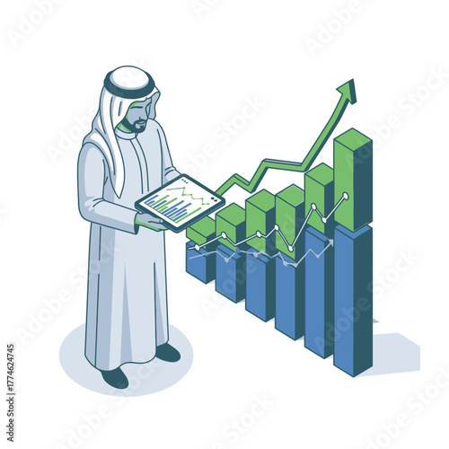 Arab businessman analyzing financial growth chart.
