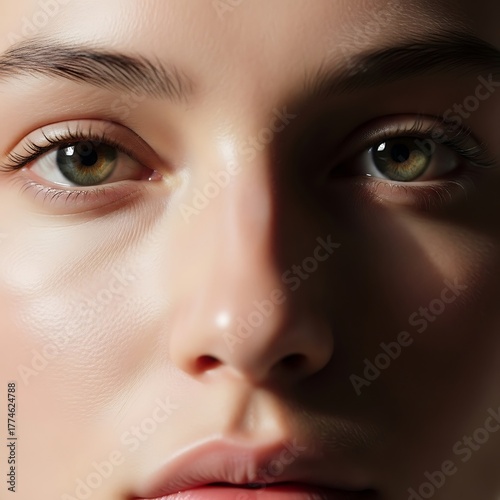 Close-up of a womans face with natural light and shadows.