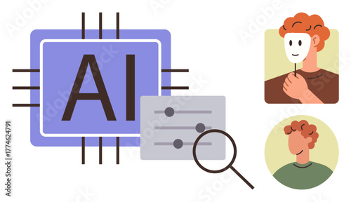 AI chip with circuits, magnifier over adjustment sliders, person holding mask, and human face. Ideal for AI, ethics, technology, innovation decision-making identity and automation. A simple flat