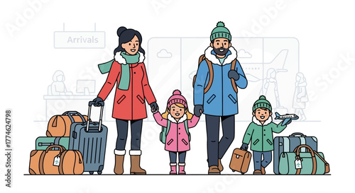 Family traveling together with luggage at airport terminal for vacation