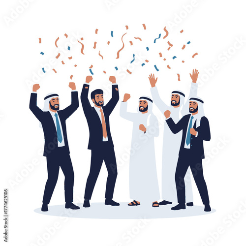 Celebrating Success - Arab Businessmen Under Confetti Shower.