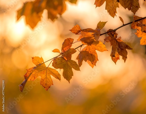 Autumnal Branch - Golden Leaves Bathed in Warm Sunlight.
