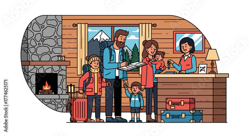 Family checking into a cozy mountain lodge with luggage and keys at the reception desk