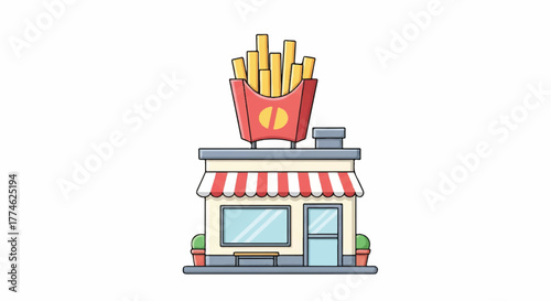 Cartoon illustration of a small food shop with a red and white awning topped with a bucket of french fries on a white background.