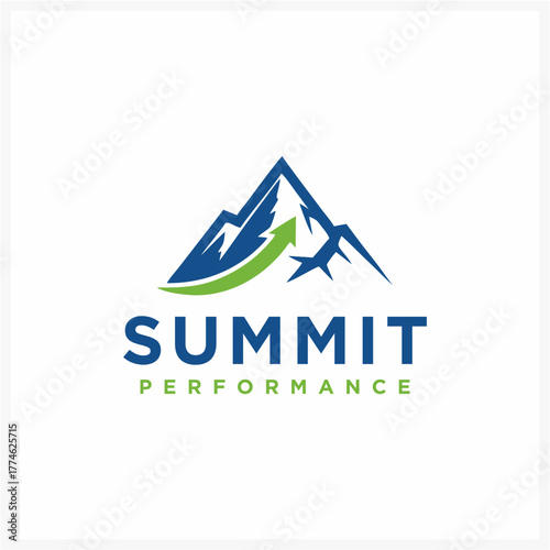 Modern vector logo design symbolizing business success and growth, featuring a dynamic mountain peak with an upward trending arrow for peak performance achievement
