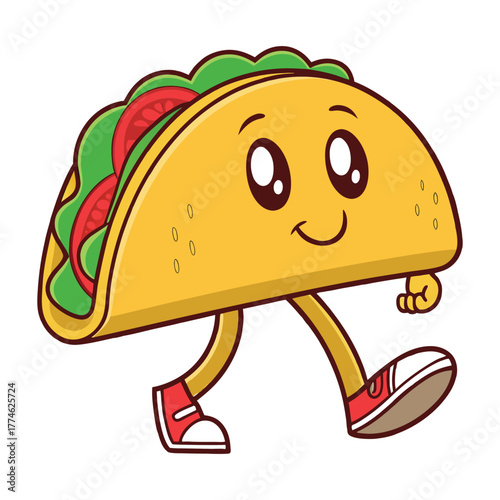 A cheerful anthropomorphic taco character with big eyes and a smile happily walking with its arms and legs representing fun and delicious food
