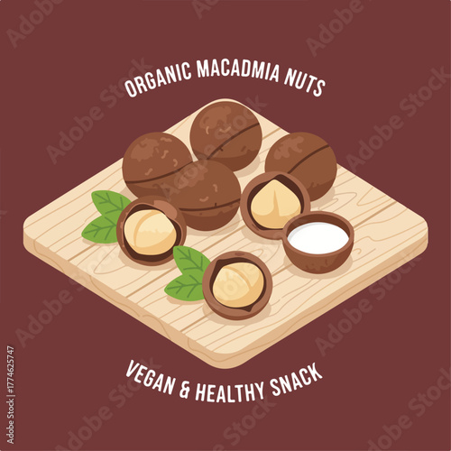 A digital illustration of organic macadamia nuts served as a vegan and healthy snack on a wooden board against a brown background.
