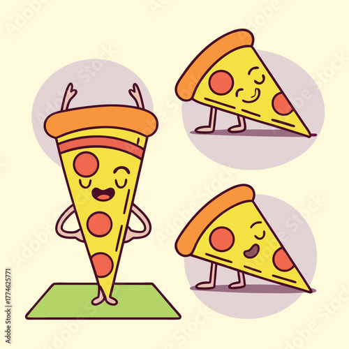 Playful cartoon slices of pepperoni pizza engaging in yoga poses with happy expressions and cute anthropomorphic features on a light background