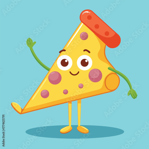 A cheerful anthropomorphic slice of pepperoni pizza with a happy face and waving arms and legs isolated on a bright blue background representing fun and delicious food