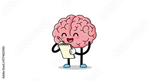 A cheerful, smiling cartoon brain character holding a notepad and pen, appearing to write or take notes with a happy expression and raised arm