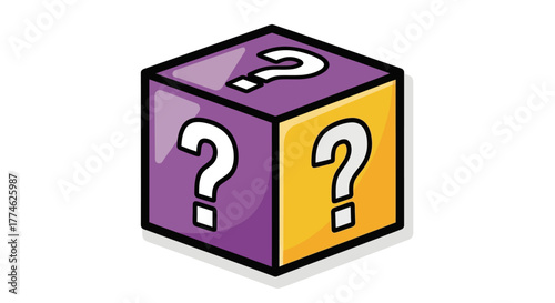 Cartoon illustration of a purple and yellow cube with question marks on its faces, symbolizing mystery and unknown outcomes