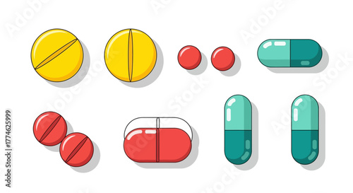 Collection of colorful pills and capsules, health and medicine icons