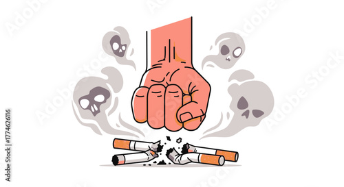 Anti-smoking concept A fist crushes cigarettes, symbolizing the fight against addiction and harm, with skull-shaped smoke clouds representing health risks
