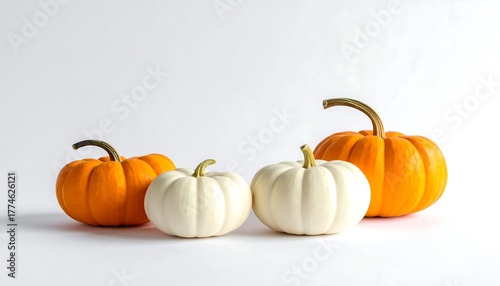 Autumnal Arrangement - Orange and White Pumpkins on White Background.