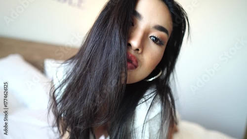 Face of Beautiful Sexy Asian Woman Posing in Bed, Slow Motion Close Up