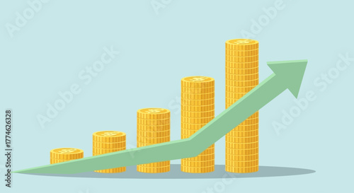 Financial growth concept of increasing stacked coins and arrow indicating upward trend, representing business success and investment returns