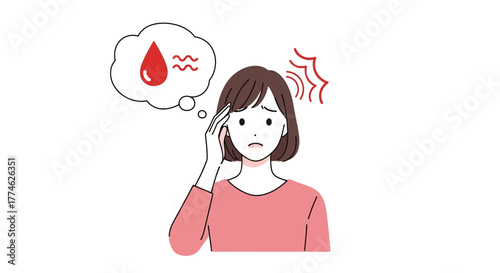 Woman suffering from dehydration, illustrated with a blood drop and wavy lines indicating heat, and a headache symbol