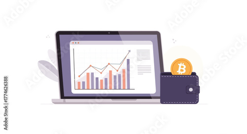 Digital currency growth chart on a laptop with a bitcoin wallet, illustrating financial investment and market trends