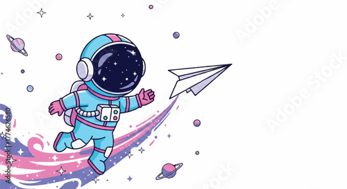 A cartoon astronaut in a blue spacesuit runs with a paper airplane amidst colorful swirls and planets in space.