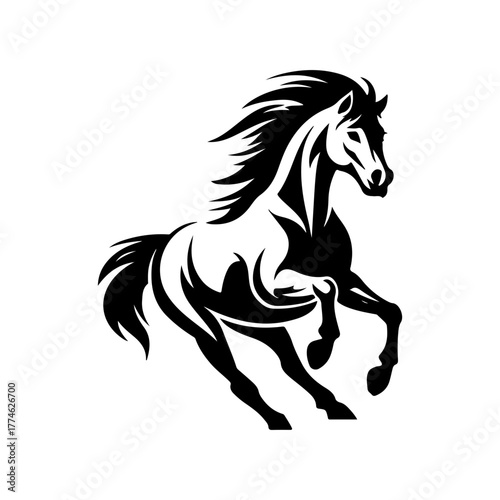 Dynamic Silhouette of a Galloping Horse with Flowing Mane in Striking Black and White Design