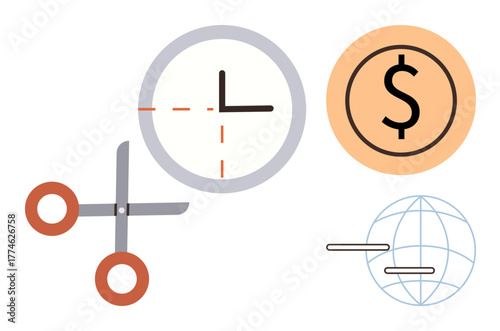 Scissors cutting clock, dollar inside circle, globe with bars. Ideal for time management, cost reduction, budgeting, global savings, decision-making, resource allocation simple flat metaphor