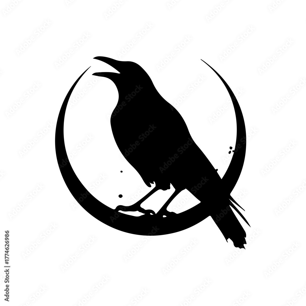 Naklejka premium Black silhouette of a crow perched on a crescent moon, artistic design for nature and night-themed projects