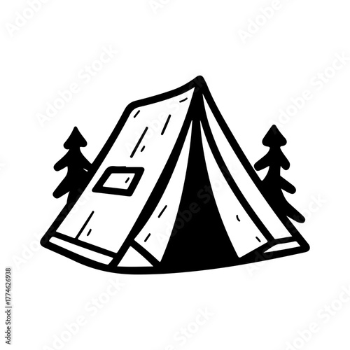 Hand-Drawn Camping Tent Surrounded by Pine Trees in Black and White Illustration