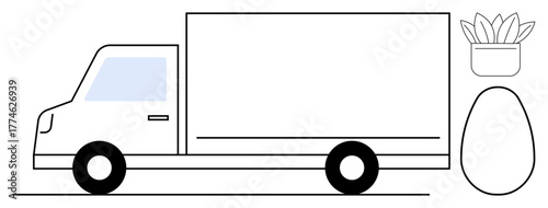 Delivery truck with simple lines, modern houseplant in pot, and egg-shaped object. Ideal for logistics, transport, eco-living, minimalism, sustainability creativity and innovation. Simple flat