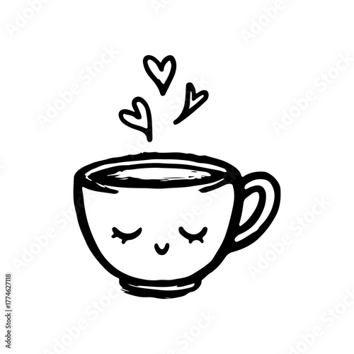 Cute Hand-Drawn Coffee Cup with Hearts and Smiling Face for Cozy and Warm Vibes in Illustrations