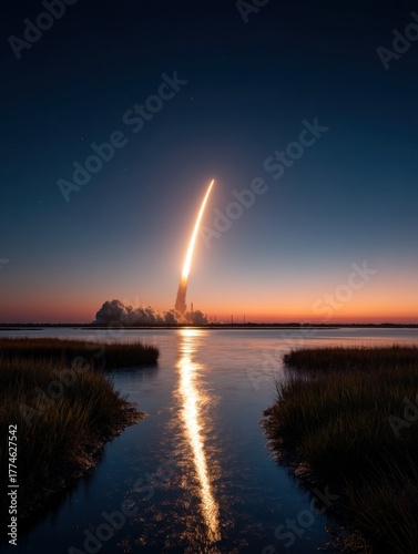 A dramatic rocket launch illuminates the night sky, reflecting on water, highlighting the power of space exploration.