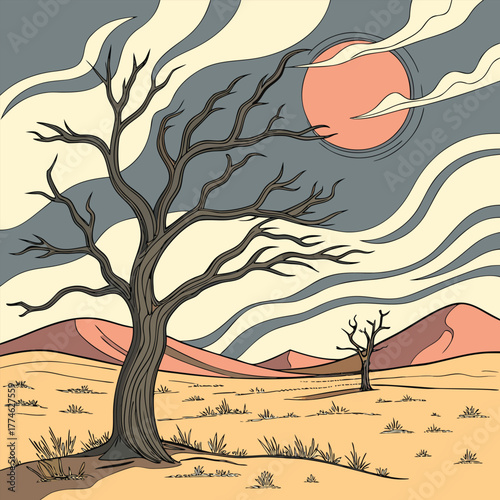 Surreal Desert Landscape with Leafless Trees and Stylized Sky and Sun Artwork Depicting Isolation and Environmental Change Graphic Illustration