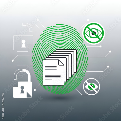 Fingerprint swirl with documents, no-eye icons, unlock padlock