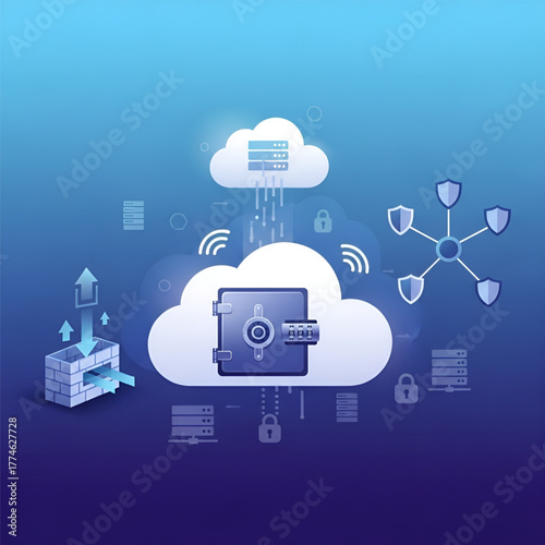 Cloud vault with shields, firewall, data flow icons)