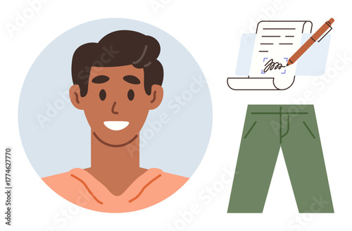 Smiling man in orange hoodie, signed document with pen, and green pants combine positivity, personal identity, decision-making, teamwork, fashion, professionalism, and creativity in a simple flat