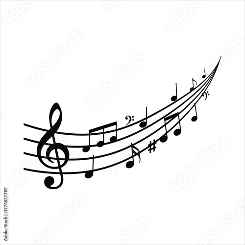 Flowing Musical Notes and Staff Line Art Illustration