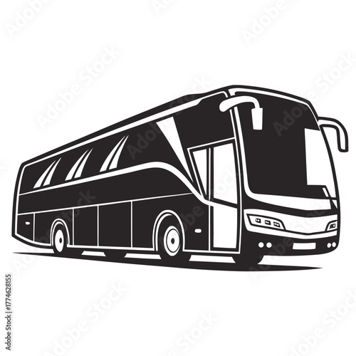 Black and white illustration of a modern tour bus vehicle transportation