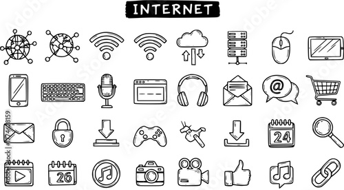 Hand Drawn Internet and Technology Doodle Icon Set: Network, Communication, Digital Apps, Devices, and Services Collection