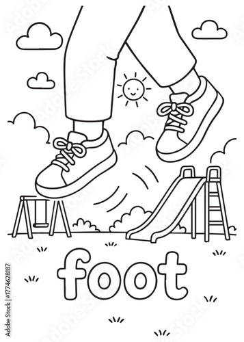 coloring book feet walking on slide park ground under sunny sky