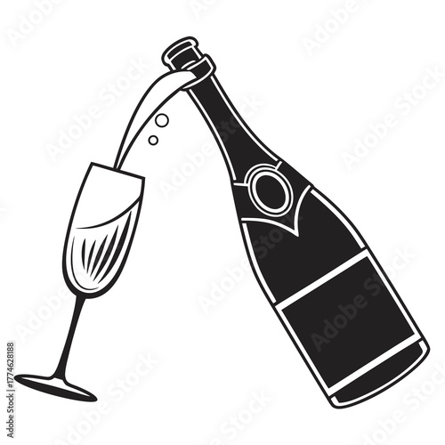 Champagne Bottle Pouring Into Flute Glass With Bubbles vector illustration