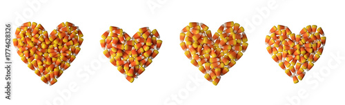 A heart shape made of candy corn on a black background, the candy corn pieces are arranged closely together to form the heart