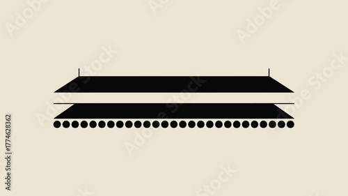 A minimalist illustration of a two tiered structure with a row of circles underneath on a beige background