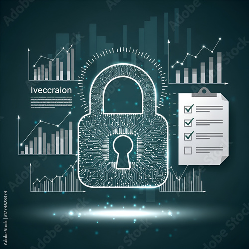 Glowing lock with graphs, checklist, analytics icons