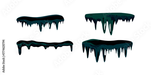 Snow caps, snowy ice and frozen icicles, vector cartoon icons, isolated on transparent background. Abstract snow frost caps and icicles of house roof shape for Christmas and New Year elements design .