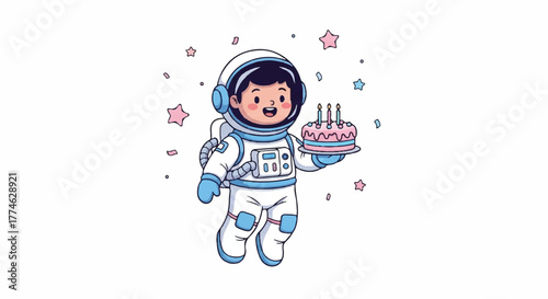 A cartoon astronaut in a white spacesuit holding a birthday cake with colorful stars and confetti in a whimsical scene.