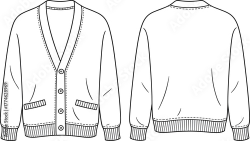 Cardigan sweater technical sketch, front and back view, fashion flat template, garment construction, sewing pattern, apparel design, cad drawing, vector illustration
